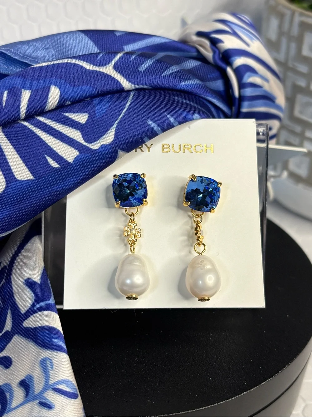 Tory Burch Drop Earrings with Blue Crystals and Pearls and Fashion Scarf NWT
